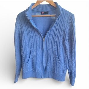 Blue Cable Knit Chunky Zip Up Cardigan Sweater